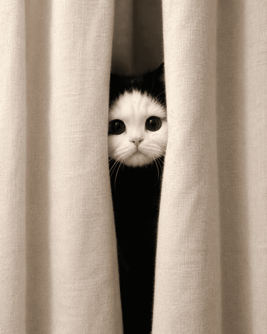 The cat's white face peeking between two cream curtains
