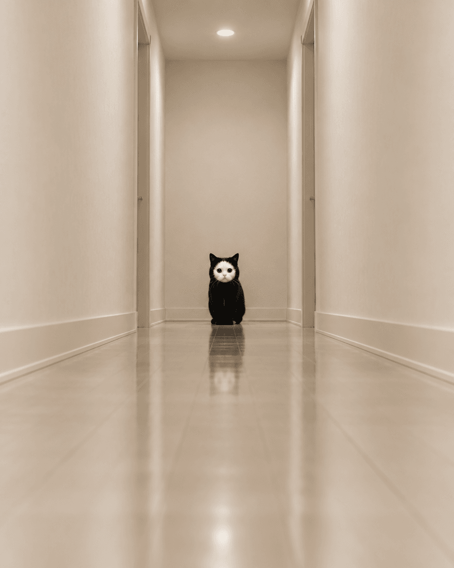 The cat sitting alone at the end of a long cream hallway