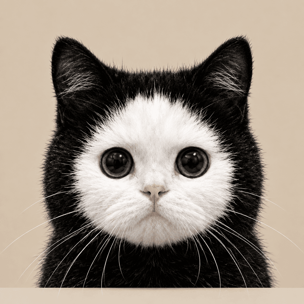 The black cat with the white face peeking over a ledge, staring straight at you